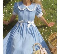 Robe pour filles avec col Peter Pan, manches bouffantes, nœud à la taille, décorations blanches. Robe bleu ciel pour filles avec manches bouffantes 8Y,9Y,10Y,11Y,12YUnicolorePolyester