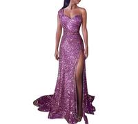 Robe pour invitée de mariage, robe de soirée élégante à paillettes avec col en V, fente haute, robe de soirée, grande taille, taille empire, paillettes, manches courtes, violet, S