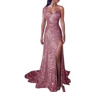 Robe pour invitée de mariage, robe de soirée élégante à paillettes avec col en V, fente haute, robe de soirée, grande taille, taille empire, paillettes, manches courtes, rose gold, XL