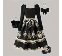 Robe pour jeune fille avec épaules dénudées, manches longues, ceinture réglable à la taille, motif brodé. Élégante et décontractée pour l'automne/hiver 8Y,9Y,10Y,11Y,12YgraphiquePolyester