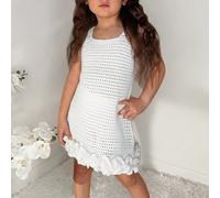 Robe pour jeune fille, crochet, mignonne, vacances, vacances, blanc, léger, respirant, fluide, féminin, classique, doux au toucher, facile d'entretien, audacieux, chic, cool 6Y,7Y,4Y,5YUnicoloreTricot