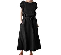 Robe pour Mariage invité Femme Dames Printemps été et Automne Couleur Unie Mode Ample bohème Manches Courtes col Rond Couleur Unie Coton et Lin Ceinture Maxi Robe Robe Bouffante