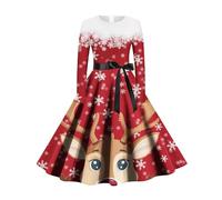 Robe pour Noël Femme Fantaisie Rudolph Robe de Noel Grande Taille Imprimée à Manches Longues Cocktail Swing Cosplay Hepburn Robes Fancy Dress Christmas Déguisement Pere Noel Adulte (Red-a, S)