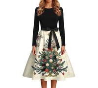 Robe pour Noël Femme Renne Flocon de Neige Arbre Robe Rouge Courte Noel Robes de Cocktail Casual Party Soirée Vintage Année 50s Pin-Up Rockabilly Swing Robes à Pois Vêtements de Noël (Beige-L, XL)