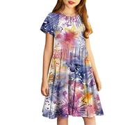 Robe Princesse Ado Fille été Fluide Imprimé Ligne A Robe Filles Chic Et Elegant Casual Robes de Fête Soirée Ceremonie Vacances Bapteme Anniversaire Tunique Robes d'été légère Dress de Plage 4-14 Ans