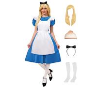 Robe princesse d'Halloween pour femmes - Mini robe à manches bouffantes avec perruque, tablier, bandeau, chaussettes, taille L - Bleu et blanc