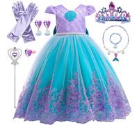 Robe Princesse Fille, Costume Déguisement Sirene Enfant avec Ensemble | Collier de Couronne, Robe Sirene Fille Bébé pour Costume Halloween Anniversaire Fêté Carnaval Cosplay