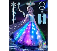 Robe Princesse Fille, Deguisement Princesse Fille Sync avec Rythme de Musique, Contrôlable par APP, Robe Lumineuse LED RGB Kit de Fête avec 6pcs Accessoires pour Halloween, Noël, Carnaval, 8-9 Ans