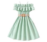 Robe Princesse Fille épaules Dénudées 7-11 Ans Robe Fille Chic Et élégante à Volants Pas Cher Robe Ado Fille Anniversaire a la Mode été Pas Cher Casual Confortable Vacances (Green, 9-10 Ans)