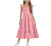 Robe Princesse Fille Été Vêtements Élégant Robes Couleur Unie Haut Décontracté Manches à Volants Dress Mode Vêtement A-Ligne Robe Mi-Longue Funky Hauts Vente Flash Du Jour Et Soldes Rose, 9 Ans