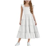 Robe Princesse Fille Été Vêtements Élégant Robes Couleur Unie Haut Décontracté Manches à Volants Dress Mode Vêtement A-Ligne Robe Mi-Longue Funky Hauts Vente Flash Du Jour Et Soldes Blanc, 9 Ans