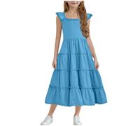 Robe Princesse Fille Été Vêtements Élégant Robes Couleur Unie Haut Décontracté Manches à Volants Dress Mode Vêtement A-Ligne Robe Mi-Longue Funky Hauts Mes Commandes Passées Bleu Ciel, 5 Ans
