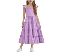 Robe Princesse Fille Été Vêtements Élégant Robes Couleur Unie Haut Décontracté Manches à Volants Dress Mode Vêtement A-Ligne Robe Mi-Longue Hauts Mes Commandes En Cours De Livraison Violet, 9 Ans