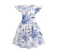 Robe Princesse Fille - Robe Longue D'Été Grande Taille pour Filles Col Rond Imprimé Uni Manches Fluides Et Ourlet Fluide pour Tout-Petits (Sky Blue 5-6 Years)