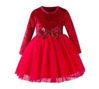 Robe Princesse Velours Paillette Noeud Papillon Hiver Longue Fille 3-7 Ans Avec Tulle Manche Longue Pour Noel Nouvelle Année Ceremonie Mariage Automne (Red, 6-7 Ans)