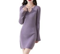 Robe pull 100 % laine mérinos pour femme - Manches trompettes - Coupe ajustée - Col en V - Automne Hiver - Hauts mi-longs, violet clair, Taille S