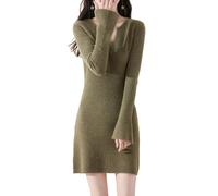 Robe pull 100 % laine mérinos pour femme - Manches trompettes - Coupe ajustée - Col en V - Automne Hiver - Hauts mi-longs, Vert matcha., Taille S