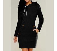 Robe pull à capuche avec fermeture éclair pour femme - Robe pull mi-longue décontractée à manches longues - Couleur unie - Vacances - Printemps - Été - Automne - Hiver - XXXL - Noir