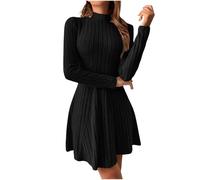 Robe pull à col montant, robe courte en maille côtelée, légère à manches longues, col montant, coupe ajustée et évasée, tenue d'automne, Noir , M