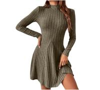 Robe pull à col montant, robe courte en maille côtelée, légère à manches longues, col montant, coupe ajustée et évasée, tenue d'automne, Vert, XXL