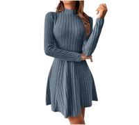 Robe pull à col montant, robe courte en maille côtelée, légère à manches longues, col montant, coupe ajustée et évasée, tenue d'automne, bleu clair, XL