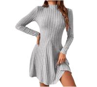 Robe pull à col montant, robe courte en maille côtelée, légère à manches longues, col montant, coupe ajustée et évasée, tenue d'automne, gris, M
