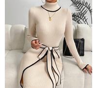 Robe Pull À Liseré Contrastant À Col Roulé Ceinturé L,M,S,XL,XS,XXL,XXSUnicoloreLaine peignée