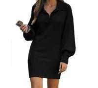 Robe pull côtelée à revers et manches lanterne élégante à ourlet cintré pour femme - Tenue d'automne et d'hiver, noir, Taille L