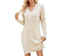 Robe Pull Courte élégante à Manches Longues pour Femme, Col en V, Couleur Unie, Coupe Ample, en Tricot, Robes De Cocktail, Apricot, XL