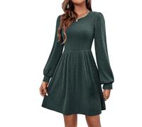 Robe pull courte fluide en tricot côtelé à manches longues pour femme - Col rond - Taille empire - Coupe trapèze, vert foncé, L