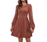 Robe pull courte fluide en tricot côtelé à manches longues pour femme - Col rond - Taille empire - Coupe trapèze, rouge brique, S