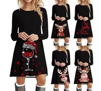 Robe Pull De Noel Femme Impression Verre à Vin De Noël Robe à Manches Longues Tunique Midi Confortable Et Douce Tissu Souple Robe De Cocktail pour Soirée Fête Noël Événements Festifs De La Saison