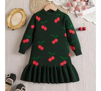 Robe pull en tricot jacquard cerise mignonne pour filles, robe pull à manches longues douce pour enfants, mode et polyvalente, convient pour les vacances d'automne/hiver 6Y,7Y,4Y,5YFruits & légumesTri