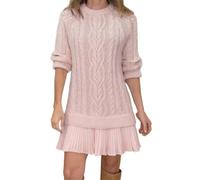Robe pull en tricot torsadé pour femme, col rond, manches longues, plissée, décontractée, mini robe patchwork double, rose clair, S
