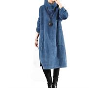 Robe pull en velours côtelé à col roulé et col roulé pour femme - Mode d'hiver - Loisirs - Garde au chaud - Long manteaux, bleu, 3XL