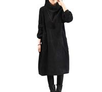 Robe pull en velours côtelé à col roulé et col roulé pour femme - Mode d'hiver - Loisirs - Garde au chaud - Long manteaux, Noir , XXL