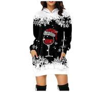 Robe Pull Femme Ample Pullover Tricot Robe de Noël Long, Robe longuee à capuche avec imprimé festif pour femmes confortable et stylée pour Fête de Noël Soirée Pyjama Weekend Relaxant Cadeau Chaud