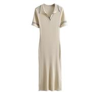 Robe Pull Femme Col Polo V Manche Courte Taille Haute Tricotée Midi Évasée Décontractée Chic