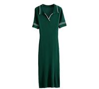 Robe Pull Femme Col Polo V Manche Courte Taille Haute Tricotée Midi Évasée Décontractée Chic