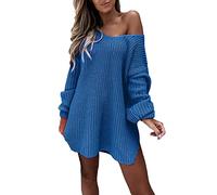 robe pull femme hiver chic sexy epaule denudee pull long femme oversize grosse maille chaud et doux chadnail manche longue thermal pullover tricoté léger decontracté couleur unie ideal (Blue, L)