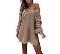 robe pull femme hiver chic sexy epaule denudee pull long femme oversize grosse maille chaud et doux chadnail manche longue thermal pullover tricoté léger decontracté couleur unie ideal (Khaki, S)