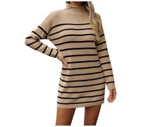 Robe Pull Femme Hiver Grande Taille Robe Tunique DéContractéE Mi Longue, Pull A Col Roulé Rayures Vintage Moulante Chaude Chic ÉLéGante Pullover A-Line Chandail