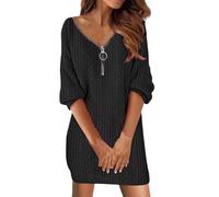 Robe Pull Femme Hiver Robe Chic et Elegant à Col Haut Tricoté Mi-Longue Robes Chaud à Manches Longues Elástique Pulls Slim Fit Couleur Unie Doux Automne Hiver Sweat Dress Egirl Jupe (Z5 Noir,L)