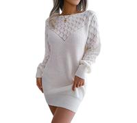 Robe Pull Hiver Femme Encolure Droite - Robe Manche Longue Femme Couleur Pure Courte, Robes Slim Fit Cutaway Chic Mode - Pulls Glamour Elegant Blanc M