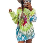 Robe Pull Long Epaule Denudee Femme Robe Sweat Shirt Tie Dye Oversize Femme Pullover Sweat-Shirt Femme Pulls Femme Grande Taille Gros Pull Tunique Sport Ample Femmes Pull-Over Large Imprimé Vert 2XL