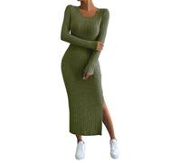 Robe Pull Longue Hiver Col Rond Fendu Robe Pull Femme Chic et Élégant Sexy Moulante Midi Robe Grande Taille en Tricot à Manches Longues Automne Hiver Idee Cadeau Femme,Armée Verte,S,F44R