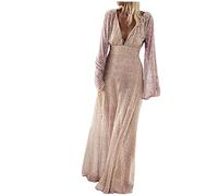 Robe Pull Longue Paillettes V Cou Pleine Manches Solide Ceinture Robe De Soirée Robe Portefeuille Midi Décontractée (Pink, XL)