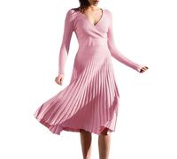 Robe Pull mi-Longue à Manches Longues pour Femme, col en V, plissée, Coupe trapèze, évasée, élégante