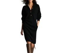 Robe-Pull midi en Maille côtelée pour Femme, Manches Longues, col Polo (Black,M)