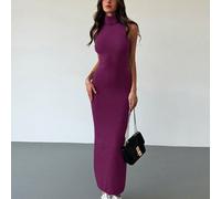 Robe-pull minimaliste grise à col montant rabattu sans manches, style de rue urbain pour les jeunes actifs. Coupe près du corps avec ourlet en H extra long pour femmes. L,M,S,XSUnicoloreLaine peignée